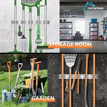 reliahom Broom Holder Mop Hanger Wall Mount Metal Organization Garage Storage System Garden Kitchen Tool Organizer(5 Racks with 4 Hooks, Silver)