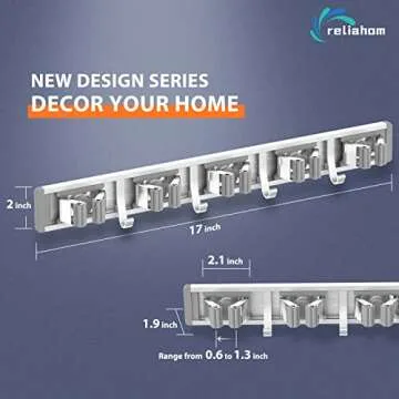 reliahom Broom Holder Mop Hanger Wall Mount Metal Organization Garage Storage System Garden Kitchen Tool Organizer(5 Racks with 4 Hooks, Silver)