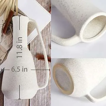 BlossoME Ceramic White Vase 12 inch Tall with Handle Matte Glazed Pottery Vessel Rustic Stoneware Table Decor Neutral Clay Jug Centerpiece Slender Shelf Book Pitcher Decor Flower Vessel