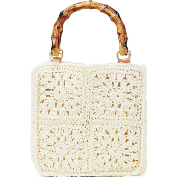 White Beach Straw Bag with Bamboo Handle Summer Essential