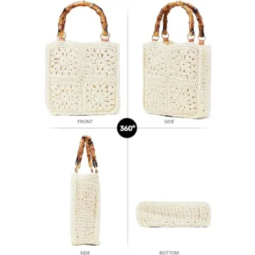 White Beach Straw Bag with Bamboo Handle Summer Essential