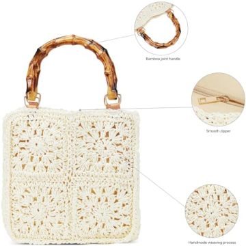 White Beach Straw Bag with Bamboo Handle Summer Essential