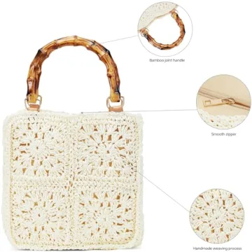 White Beach Straw Bag with Bamboo Handle Summer Essential