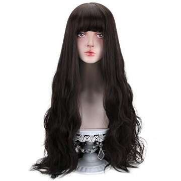 STYLER Long Black Synthetic Wig with Bangs - Natural Long Wavy Cosply Wigs for Women Halloween Christmas 30" (Black)