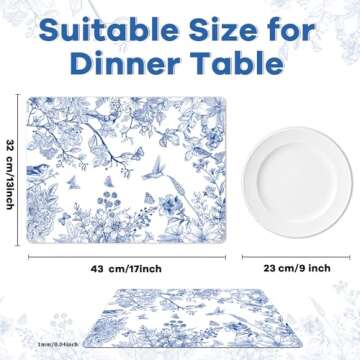 Blue Floral Placemats Set of 6 Flower Bird Plastic Table Mats Seasonal Spring Placemats Chinoiserie ...