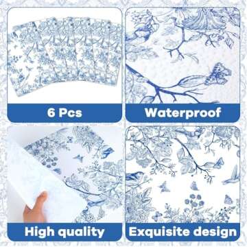Blue Floral Placemats Set of 6 Flower Bird Plastic Table Mats Seasonal Spring Placemats Chinoiserie Table Mats Rustic Vintage Table Decoration for Indoor Outdoor Party Kitchen Dining Table