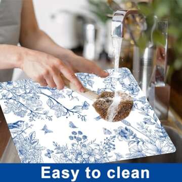 Blue Floral Placemats Set of 6 Flower Bird Plastic Table Mats Seasonal Spring Placemats Chinoiserie Table Mats Rustic Vintage Table Decoration for Indoor Outdoor Party Kitchen Dining Table