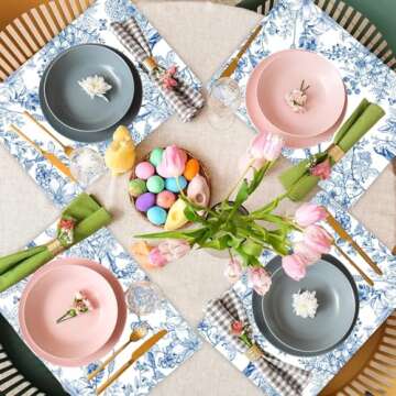 Blue Floral Placemats Set of 6 Flower Bird Plastic Table Mats Seasonal Spring Placemats Chinoiserie Table Mats Rustic Vintage Table Decoration for Indoor Outdoor Party Kitchen Dining Table