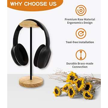 Bliocefo Headphone Stand Nature Wood & Aluminum Headset Hanger Mount Hook Gaming Holder Desktop Earphone Artful Functional Craftmanship Stand for All Headsets with Solid Wooden Base