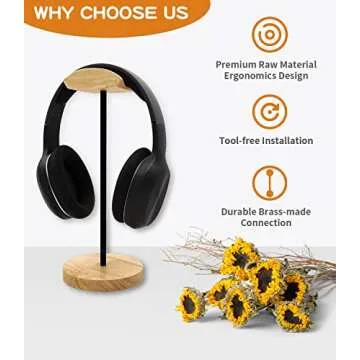 Bliocefo Headphone Stand Nature Wood & Aluminum Headset Hanger Mount Hook Gaming Holder Desktop Earphone Artful Functional Craftmanship Stand for All Headsets with Solid Wooden Base