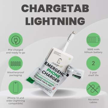 ChargeTab Emergency Portable Charger Compatible with iPhone—3 Pack Lightning Pre-Charged 3000mAh P...