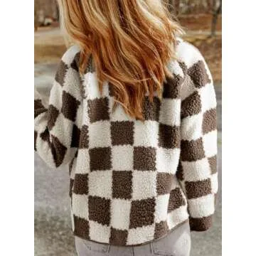 SHEWIN Jackets For Women Causal Fleece Jacket Loose Button Down Sherpa Plaid Winter Coats With Pockets Womens Fall Fashion 2024 Chestnut Small