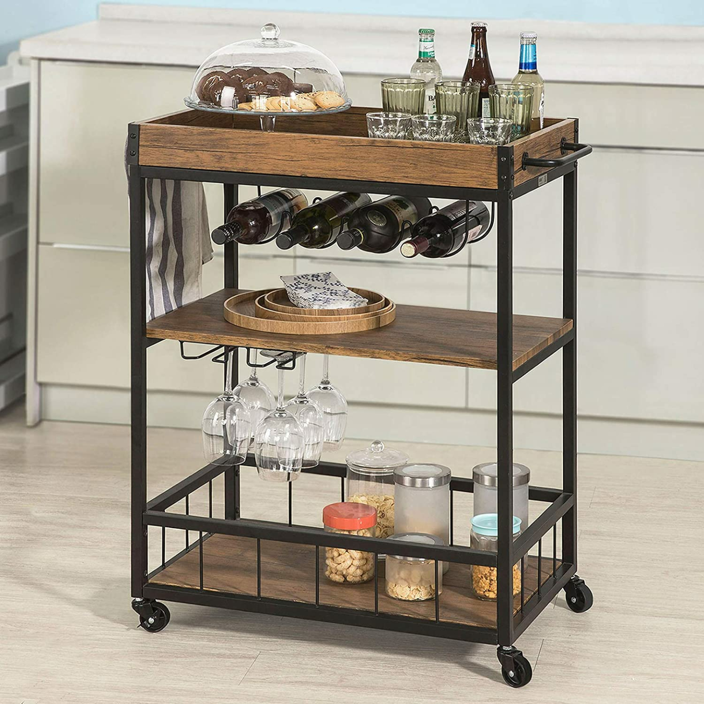 Rustic Bar Serving Cart FKW56-N - Mobile Kitchen Trolley