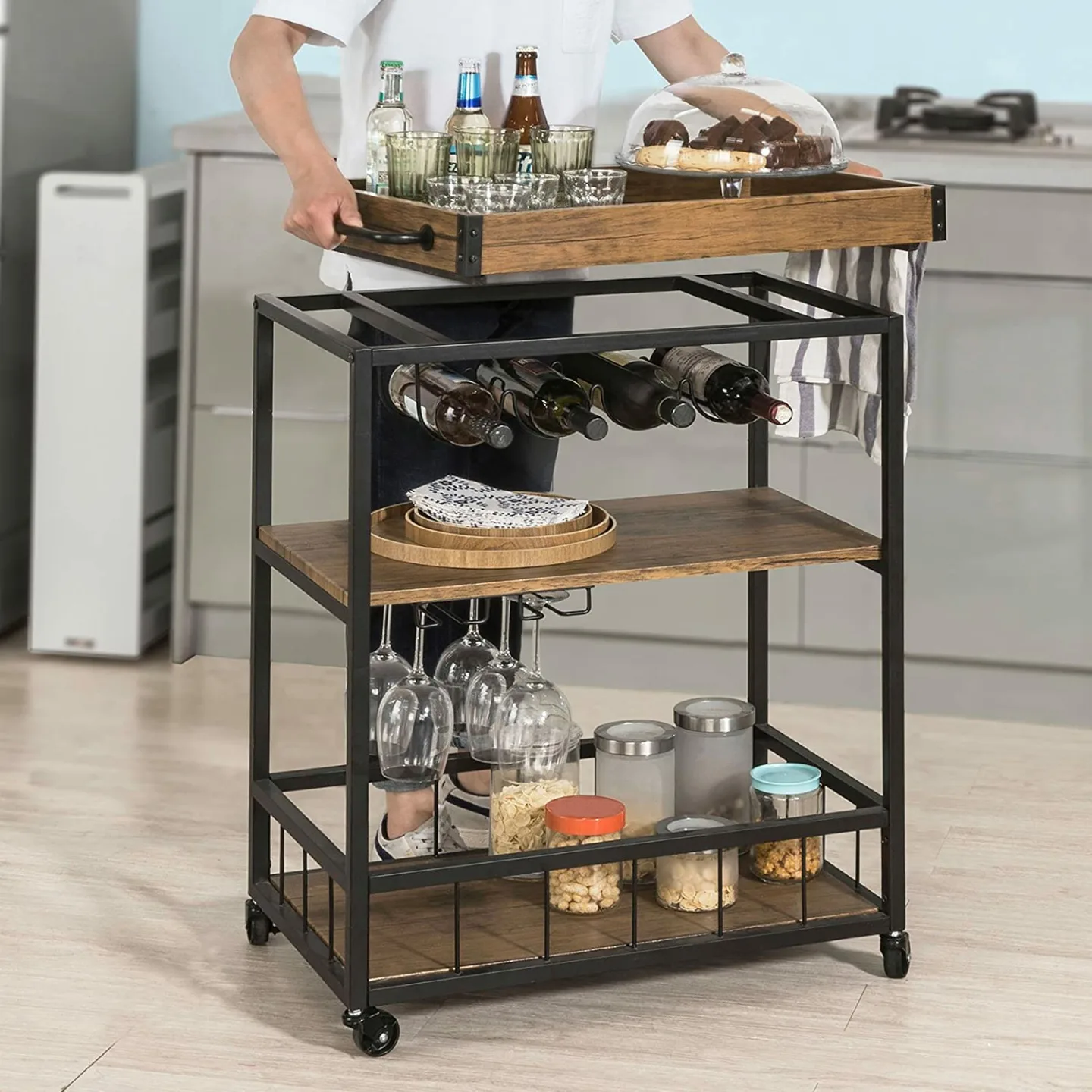 Rustic Bar Serving Cart FKW56-N - Mobile Kitchen Trolley