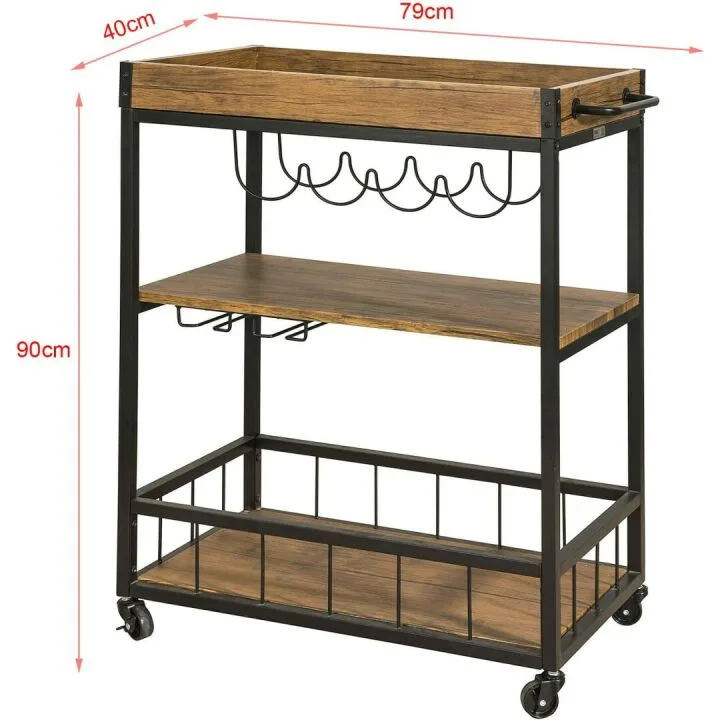 Rustic Bar Serving Cart FKW56-N - Mobile Kitchen Trolley