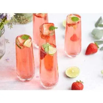 KooK Champagne Flutes, Champagne Glasses, Mimosa Glasses, Stemless Champagne Flutes, Set of 8, 9.4oz, Rose, Prosecco, for Weddings and Parties, Dishwasher Safe