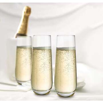 KooK Champagne Flutes, Champagne Glasses, Mimosa Glasses, Stemless Champagne Flutes, Set of 8, 9.4oz, Rose, Prosecco, for Weddings and Parties, Dishwasher Safe