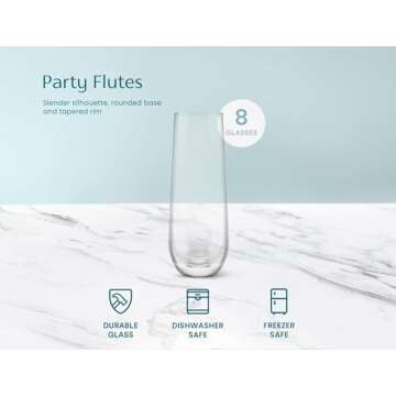 KooK Champagne Flutes, Champagne Glasses, Mimosa Glasses, Stemless Champagne Flutes, Set of 8, 9.4oz, Rose, Prosecco, for Weddings and Parties, Dishwasher Safe