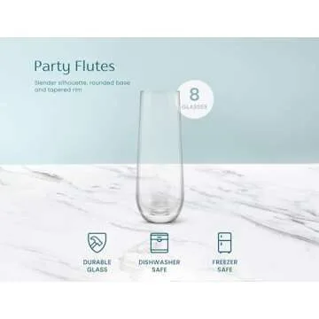 KooK Champagne Flutes, Champagne Glasses, Mimosa Glasses, Stemless Champagne Flutes, Set of 8, 9.4oz, Rose, Prosecco, for Weddings and Parties, Dishwasher Safe