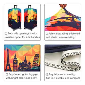 TRAVEL KIN Thickened Luggage Cover ，Washable Travel Gear Cover，18/24/28/32 Inch Suitcase Spandex Protective Cover (XL(29"-32" luggage), European Attractions)
