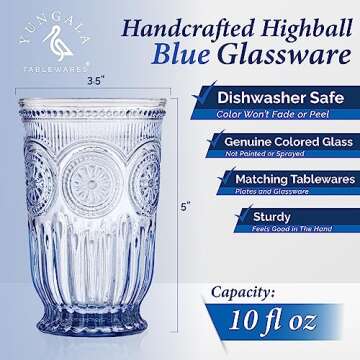 Yungala Blue Glass Tumblers set of 6 Highball glasses, Dishwasher Safe Blue Glassware made from Blue Glass, 6 colored drinking glasses