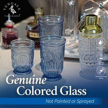 Yungala Blue Glass Tumblers set of 6 Highball glasses, Dishwasher Safe Blue Glassware made from Blue Glass, 6 colored drinking glasses