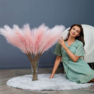 FOTEEWL 8 PCS Faux Pampas Grass Decor 38"/3.1FT Tall Fake Pompas Floral Large Artificial Pompous Grass Branches Plants for Floor Vase Filler Home Boho Decoration (Pink)