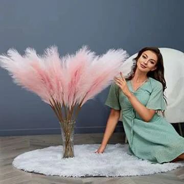 FOTEEWL 8 PCS Faux Pampas Grass Decor 38"/3.1FT Tall Fake Pompas Floral Large Artificial Pompous Grass Branches Plants for Floor Vase Filler Home Boho Decoration (Pink)