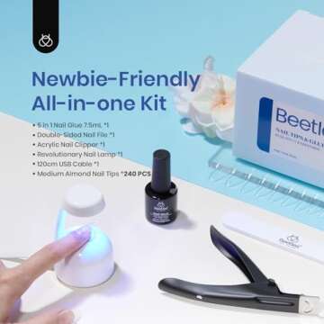 Beetles Gel Nail Kit Almond Nail Tips Easy Nail Extension Set 5 In 1 Nail Glue Gel with Pre shaped M...