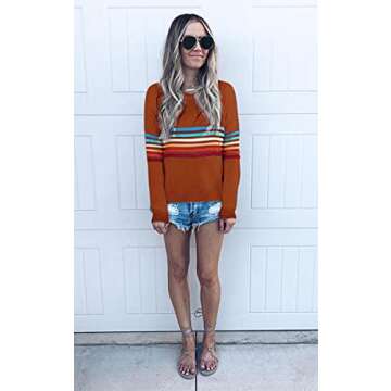 ECOWISH Women's Sweater Rainbow Colorful Striped Sweaters Long Sleeve Crew Neck Color Block Casual Pullover Blouse Tops 01 Caramel X-Large