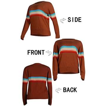 ECOWISH Women's Sweater Rainbow Colorful Striped Sweaters Long Sleeve Crew Neck Color Block Casual Pullover Blouse Tops 01 Caramel X-Large