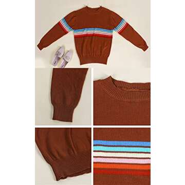 ECOWISH Women's Sweater Rainbow Colorful Striped Sweaters Long Sleeve Crew Neck Color Block Casual Pullover Blouse Tops 01 Caramel X-Large