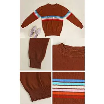 ECOWISH Women's Sweater Rainbow Colorful Striped Sweaters Long Sleeve Crew Neck Color Block Casual Pullover Blouse Tops 01 Caramel X-Large