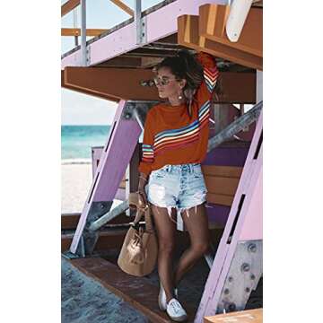 ECOWISH Women's Sweater Rainbow Colorful Striped Sweaters Long Sleeve Crew Neck Color Block Casual Pullover Blouse Tops 01 Caramel X-Large