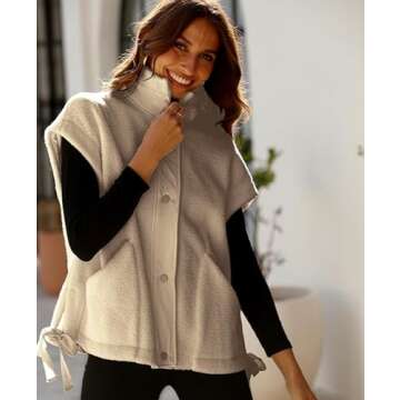 OPCAKM Women's Fuzzy Fleece Vest Oversized Sleeveless Sherpa Jacket Warm Button Down Gilet Outerwear with Pockets(Khaki-M)