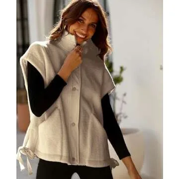 OPCAKM Women's Fuzzy Fleece Vest Oversized Sleeveless Sherpa Jacket Warm Button Down Gilet Outerwear with Pockets(Khaki-M)