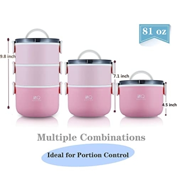 ZZQ Bento Box Adult Lunch Box with Lunch Bag/Spoon, All-in-One Leakproof Stackable Lunch Box Containers for Women, Men, BPA Free Microwave Safe 3-Tier Lunch Box Bento Boxes Adult, Pale Pink