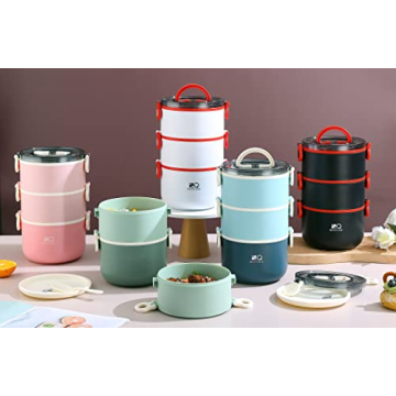 ZZQ Bento Box Adult Lunch Box with Lunch Bag/Spoon, All-in-One Leakproof Stackable Lunch Box Containers for Women, Men, BPA Free Microwave Safe 3-Tier Lunch Box Bento Boxes Adult, Pale Pink