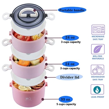 ZZQ Bento Box Adult Lunch Box with Lunch Bag/Spoon, All-in-One Leakproof Stackable Lunch Box Containers for Women, Men, BPA Free Microwave Safe 3-Tier Lunch Box Bento Boxes Adult, Pale Pink