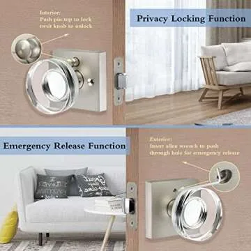 coolnews Glass Door Knobs Interior, Privacy Bathroom Bedroom Crystal Door Knobs with Lock, Satin Nickel Door Knobs