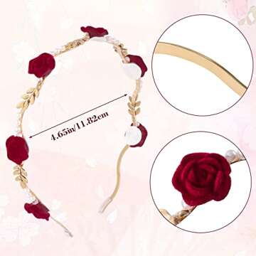 OIIKI 2Pcs Rose Hairband for Women, Metal Gold White Red Flower Floral Headbands, Pearl Hair Band He...