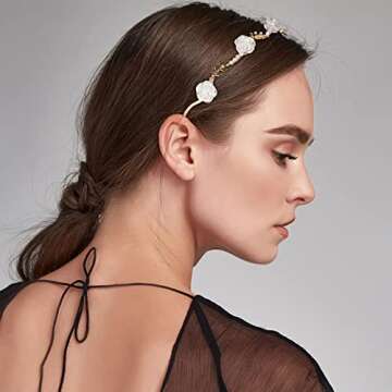 OIIKI 2Pcs Rose Hairband for Women, Metal Gold White Red Flower Floral Headbands, Pearl Hair Band Headpiece Hair Jewelry Accessories for Girls Bride Christmas Valentine Wedding Engagement Birthday