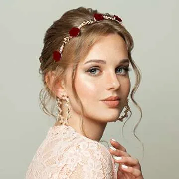 OIIKI 2Pcs Rose Hairband for Women, Metal Gold White Red Flower Floral Headbands, Pearl Hair Band Headpiece Hair Jewelry Accessories for Girls Bride Christmas Valentine Wedding Engagement Birthday