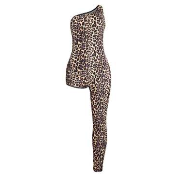VWIWV Women's Sexy Leopard Jumpsuit One Shoulder Asymmetric Party Clubwear Jumpsuit Romper Long Pants