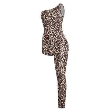 VWIWV Women's Sexy Leopard Jumpsuit One Shoulder Asymmetric Party Clubwear Jumpsuit Romper Long Pants