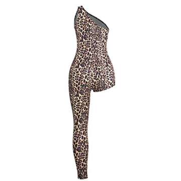 VWIWV Women's Sexy Leopard Jumpsuit One Shoulder Asymmetric Party Clubwear Jumpsuit Romper Long Pants