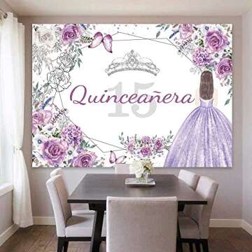 Sensfun Quinceanera 15th Birthday Backdrop for Princess Girl Mis Quince Anos Sweet 15 Birthday Decorations Banner Purple Silver Flowers Butterfly Party Photography Background Photoshoot Props 7x5ft