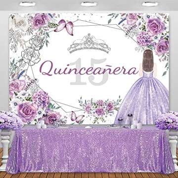 Sensfun Quinceanera 15th Birthday Backdrop for Princess Girl Mis Quince Anos Sweet 15 Birthday Decorations Banner Purple Silver Flowers Butterfly Party Photography Background Photoshoot Props 7x5ft