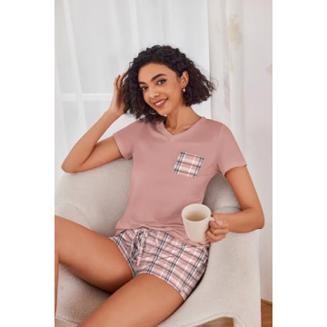 Ekouaer Women’s Summer Pajama Set - Short Sleeve V Neck