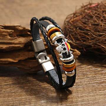 Anime One Piece Leather Bracelets, Pirate Bracelet Punk Skull Bracelets for Mens Black Braided Brace...